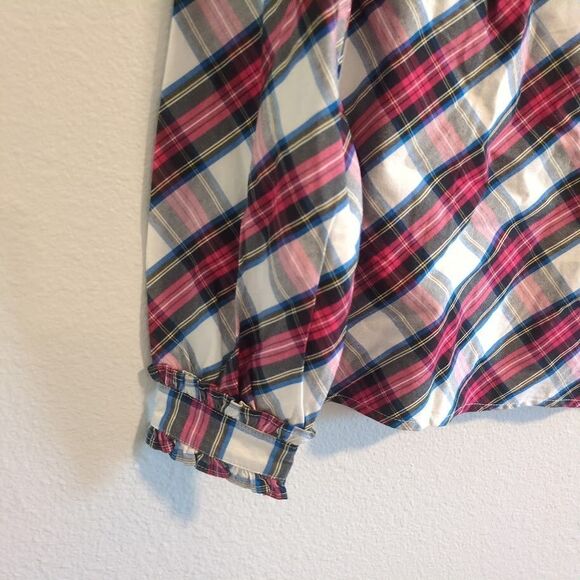 J Crew BM029 NWT Size XXS White Tartan Plaid Cotton-Blend Ruffle-Neck Top - Picture 3 of 9